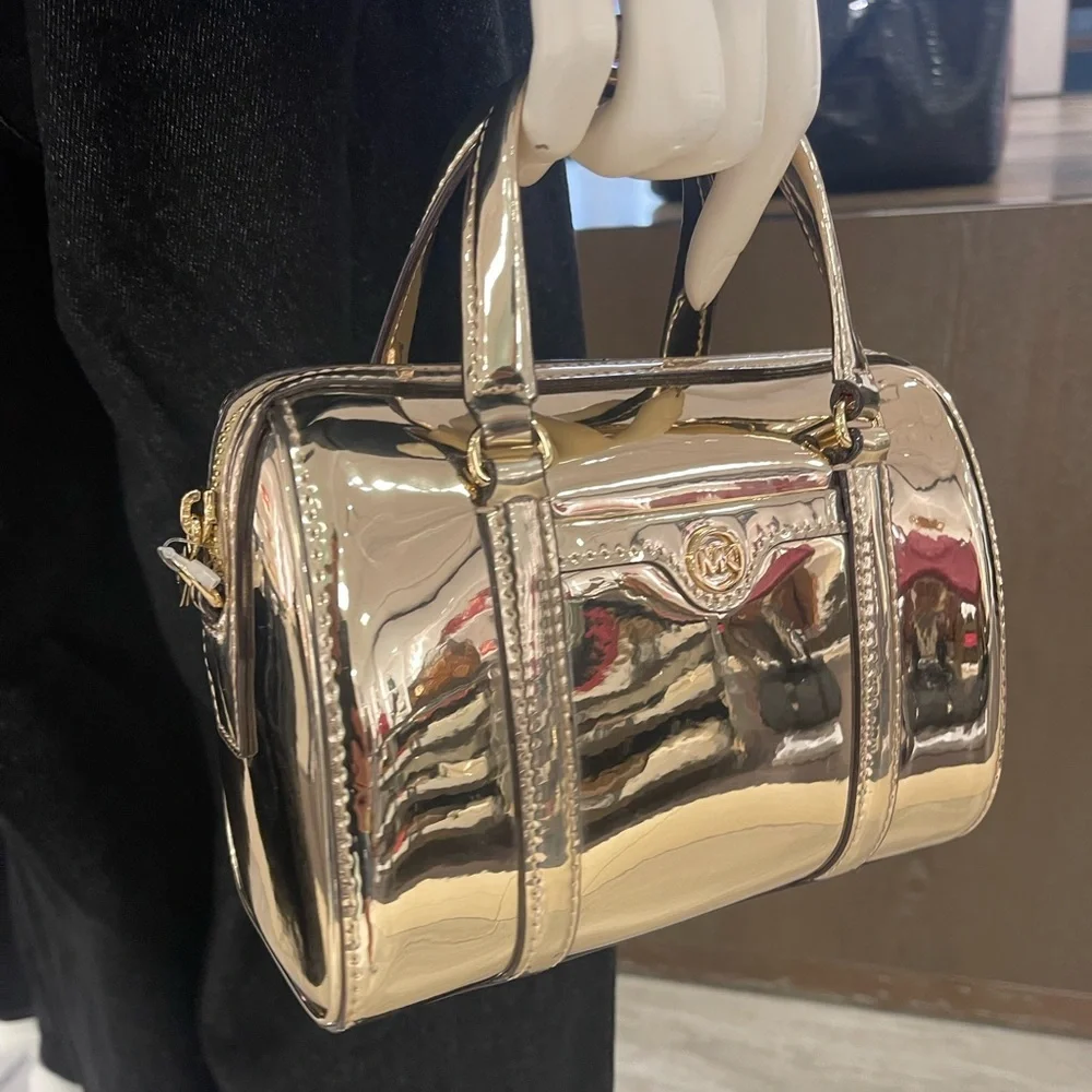 MICHAEL KORS Jet Set Small Metallic Convertible Crossbody Duffle Xbody Bag  Pale